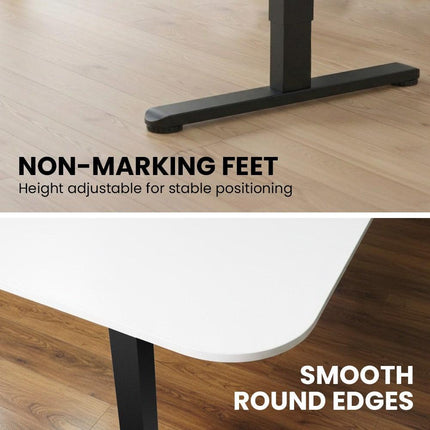 FORTIA Corner Standing Desk, 160x140cm, 72-118cm Sit to Stand Up Electric Height Adjustable, White Desktop/Black Frame.