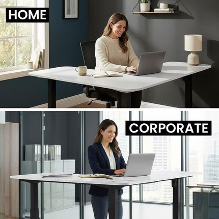 FORTIA Corner Standing Desk, 160x140cm, 72-118cm Sit to Stand Up Electric Height Adjustable, White Desktop/Black Frame.