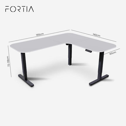 FORTIA Corner Standing Desk, 160x140cm, 72-118cm Sit to Stand Up Electric Height Adjustable, White Desktop/Black Frame.