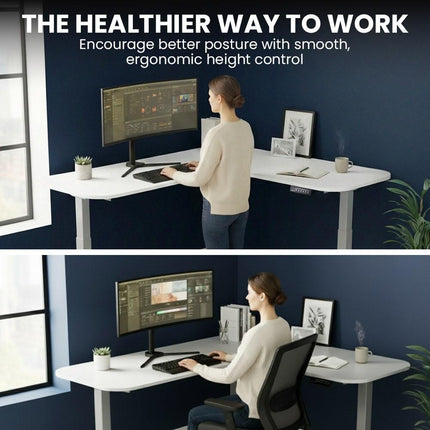 FORTIA Corner Standing Desk, 160x140cm, 72-118cm Sit to Stand Up Electric Height Adjustable, White Desktop/Silver Frame.