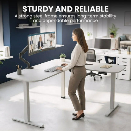 FORTIA Corner Standing Desk, 160x140cm, 72-118cm Sit to Stand Up Electric Height Adjustable, White Desktop/Silver Frame.