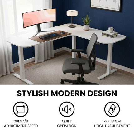 FORTIA Corner Standing Desk, 160x140cm, 72-118cm Sit to Stand Up Electric Height Adjustable, White Desktop/Silver Frame.