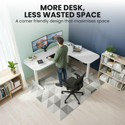 FORTIA Corner Standing Desk, 160x140cm, 72-118cm Sit to Stand Up Electric Height Adjustable, White Desktop/Silver Frame.