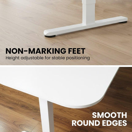 FORTIA Corner Standing Desk, 160x140cm, 72-118cm Sit to Stand Up Electric Height Adjustable, White Desktop/Silver Frame.
