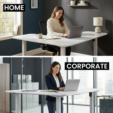 FORTIA Corner Standing Desk, 160x140cm, 72-118cm Sit to Stand Up Electric Height Adjustable, White Desktop/Silver Frame.