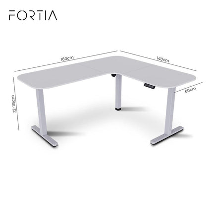 FORTIA Corner Standing Desk, 160x140cm, 72-118cm Sit to Stand Up Electric Height Adjustable, White Desktop/Silver Frame.