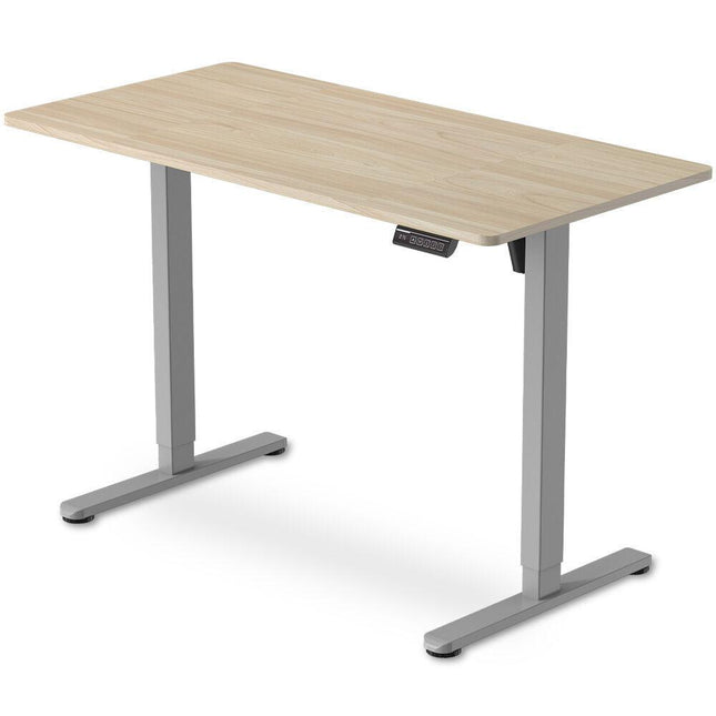 FORTIA Sit To Stand Standing Desk, 120x60cm, 72-118cm Electric Height Adjustable, Light Oak Style Desktop Silver Frame.