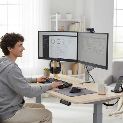 FORTIA Sit To Stand Standing Desk, 120x60cm, 72-118cm Electric Height Adjustable, Light Oak Style Desktop Silver Frame.