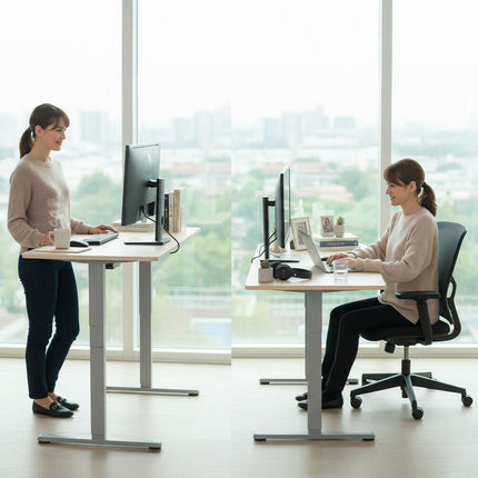 FORTIA Sit To Stand Standing Desk, 120x60cm, 72-118cm Electric Height Adjustable, Light Oak Style Desktop Silver Frame.