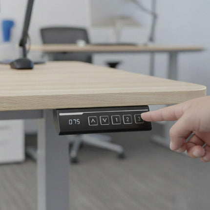 FORTIA Sit To Stand Standing Desk, 120x60cm, 72-118cm Electric Height Adjustable, Light Oak Style Desktop Silver Frame.