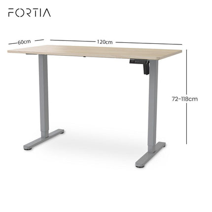 FORTIA Sit To Stand Standing Desk, 120x60cm, 72-118cm Electric Height Adjustable, Light Oak Style Desktop Silver Frame.