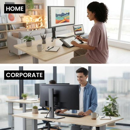 FORTIA Sit To Stand Standing Desk, 120x60cm, 72-118cm Electric Height Adjustable, Light Oak Style Desktop Silver Frame.
