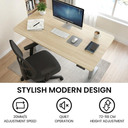 FORTIA Sit To Stand Standing Desk, 120x60cm, 72-118cm Electric Height Adjustable, Light Oak Style Desktop Silver Frame.