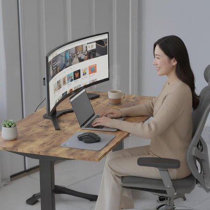 FORTIA Sit to Stand Standing Desk, 160x60cm, 72-118cm Electric Height Adjustable, Walnut Style Desktop/Black Frame.
