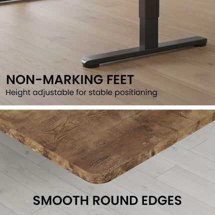 FORTIA Sit to Stand Standing Desk, 160x60cm, 72-118cm Electric Height Adjustable, Walnut Style Desktop/Black Frame.
