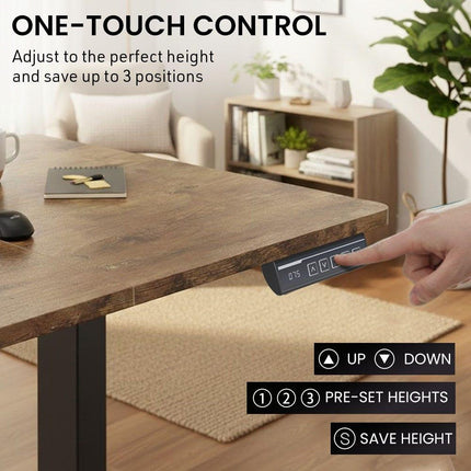FORTIA Sit to Stand Standing Desk, 160x60cm, 72-118cm Electric Height Adjustable, Walnut Style Desktop/Black Frame.