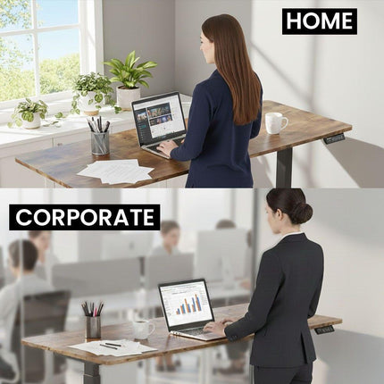 FORTIA Sit to Stand Standing Desk, 160x60cm, 72-118cm Electric Height Adjustable, Walnut Style Desktop/Black Frame.