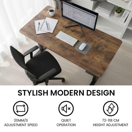 FORTIA Sit to Stand Standing Desk, 160x60cm, 72-118cm Electric Height Adjustable, Walnut Style Desktop/Black Frame.