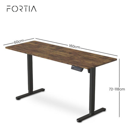 FORTIA Sit to Stand Standing Desk, 160x60cm, 72-118cm Electric Height Adjustable, Walnut Style Desktop/Black Frame.
