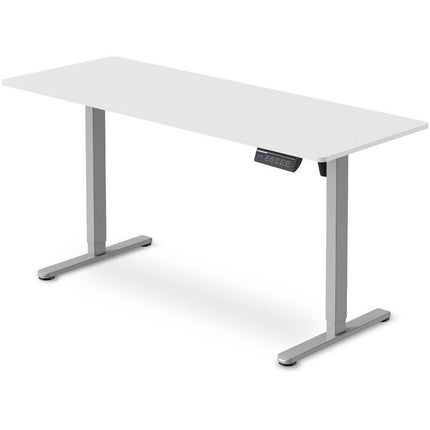 FORTIA Sit to Stand Standing Desk, 160x60cm, 72-118cm Electric Height Adjustable, White Desktop/Silver Frame.
