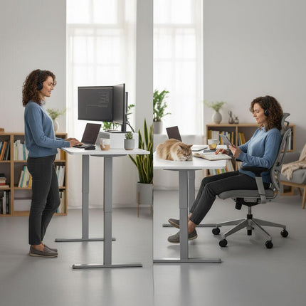 FORTIA Sit to Stand Standing Desk, 160x60cm, 72-118cm Electric Height Adjustable, White Desktop/Silver Frame.