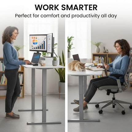 FORTIA Sit to Stand Standing Desk, 160x60cm, 72-118cm Electric Height Adjustable, White Desktop/Silver Frame.