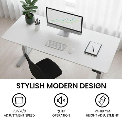 FORTIA Sit to Stand Standing Desk, 160x60cm, 72-118cm Electric Height Adjustable, White Desktop/Silver Frame.