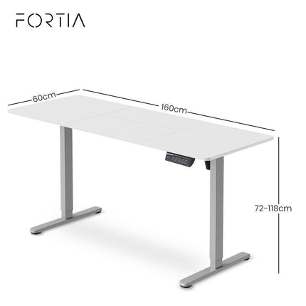 FORTIA Sit to Stand Standing Desk, 160x60cm, 72-118cm Electric Height Adjustable, White Desktop/Silver Frame.