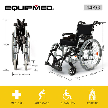 EQUIPMED 24 Inch Portable Folding Wheelchair 24" Mobility Wheel Chair Alloy, Senior Elderly Aid.
