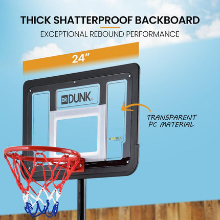 DR. DUNK Portable Kids Basketball Hoop Stand System, 1.15m to 1.60m Height Adjustable.
