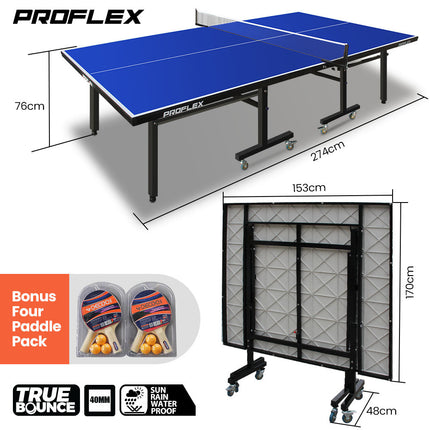 Proflex Premium Outdoor Table Tennis Table, with 4 Player Ping Pong Paddle and Pingpong Ball Pack.