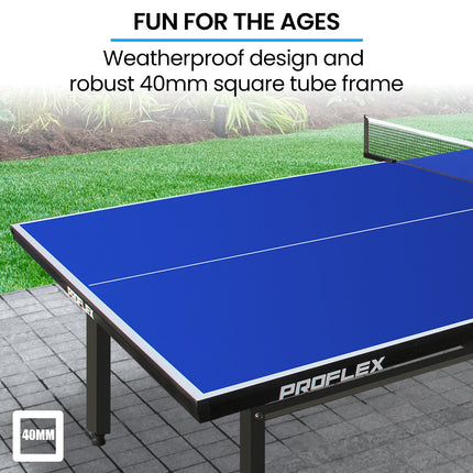 Proflex Premium Outdoor Table Tennis Table, with 4 Player Ping Pong Paddle and Pingpong Ball Pack.