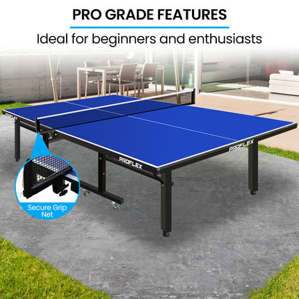 Proflex Premium Outdoor Table Tennis Table, with 4 Player Ping Pong Paddle and Pingpong Ball Pack.