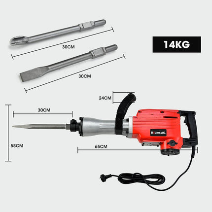Baumr-AG 2200W Pro-Grade Electric Demolition Jackhammer, with 3 Bonus Chisels, Steel Carry Case.
