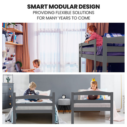 KINGSTON SLUMBER Single Bunk Bed Frame, Solid Pine 2-in-1 Modular Design, Converts to 2 Single Beds, For Kids, Grey.