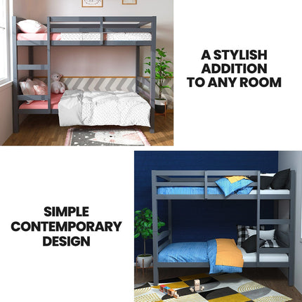 KINGSTON SLUMBER Single Bunk Bed Frame, Solid Pine 2-in-1 Modular Design, Converts to 2 Single Beds, For Kids, Grey.