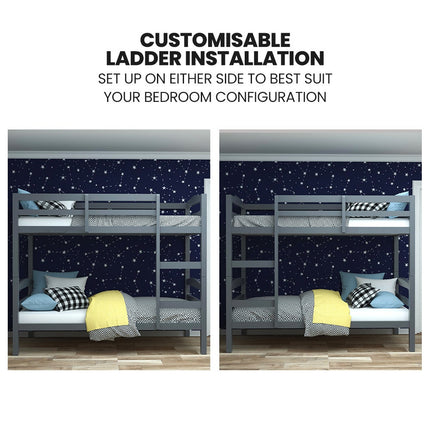KINGSTON SLUMBER Single Bunk Bed Frame, Solid Pine 2-in-1 Modular Design, Converts to 2 Single Beds, For Kids, Grey.