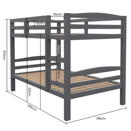 KINGSTON SLUMBER Single Bunk Bed Frame, Solid Pine 2-in-1 Modular Design, Converts to 2 Single Beds, For Kids, Grey.