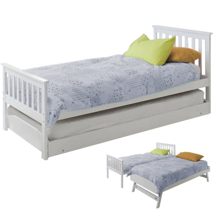 KINGSTON SLUMBER Wooden Single Bed Frame w/ Pop Up Trundle, for Kids Bedroom, White.