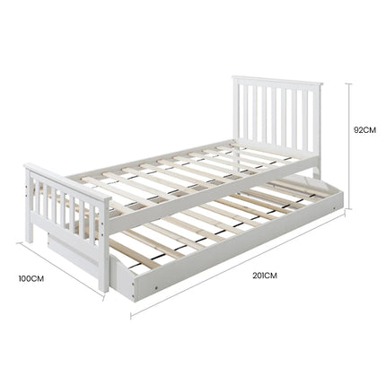 KINGSTON SLUMBER Wooden Single Bed Frame w/ Pop Up Trundle, for Kids Bedroom, White.