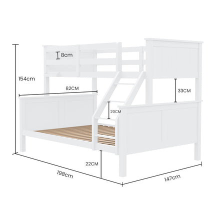 Kingston Slumber Triple Wooden Single Over Double Bunk Bed Frame for Kids, Convertible Design, White.