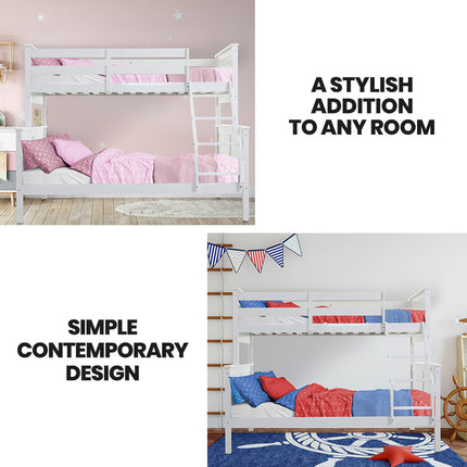 Kingston Slumber Triple Wooden Single Over Double Bunk Bed Frame for Kids, Convertible Design, White.