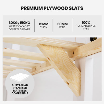 Kingston Slumber Triple Wooden Single Over Double Bunk Bed Frame for Kids, Convertible Design, White.