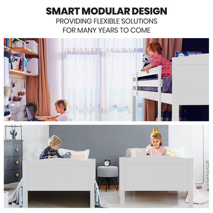 Kingston Slumber Triple Wooden Single Over Double Bunk Bed Frame for Kids, Convertible Design, White.