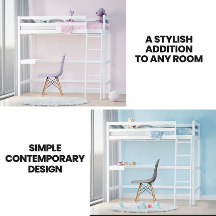 KINGSTON SLUMBER Wooden Kids Single Loft Bed Frame with Desk - White.