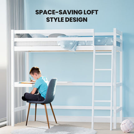 KINGSTON SLUMBER Wooden Kids Single Loft Bed Frame with Desk - White.