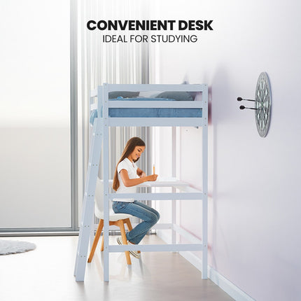 KINGSTON SLUMBER Wooden Kids Single Loft Bed Frame with Desk - White.