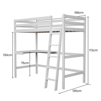 KINGSTON SLUMBER Wooden Kids Single Loft Bed Frame with Desk - White.