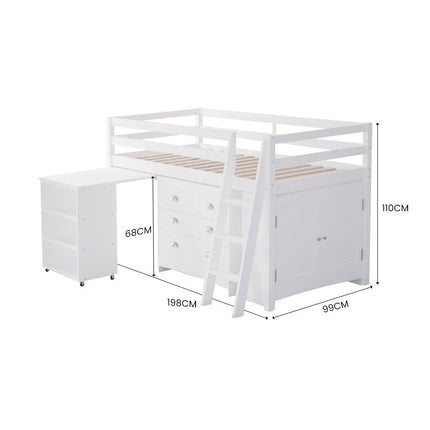 KINGSTON SLUMBER Wooden Kids Single Loft Bed Frame with Pull Out Desk, Storage Drawers, Cabinet - White.