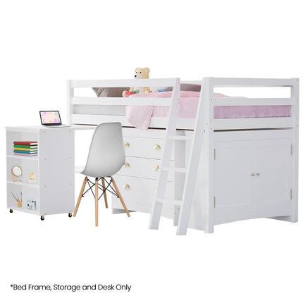 KINGSTON SLUMBER Wooden Kids Single Loft Bed Frame with Pull Out Desk, Storage Drawers, Cabinet - White.
